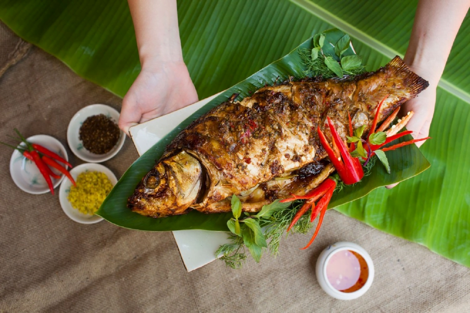 Grilled stream fish at Pu Luong Boutique Garden resort